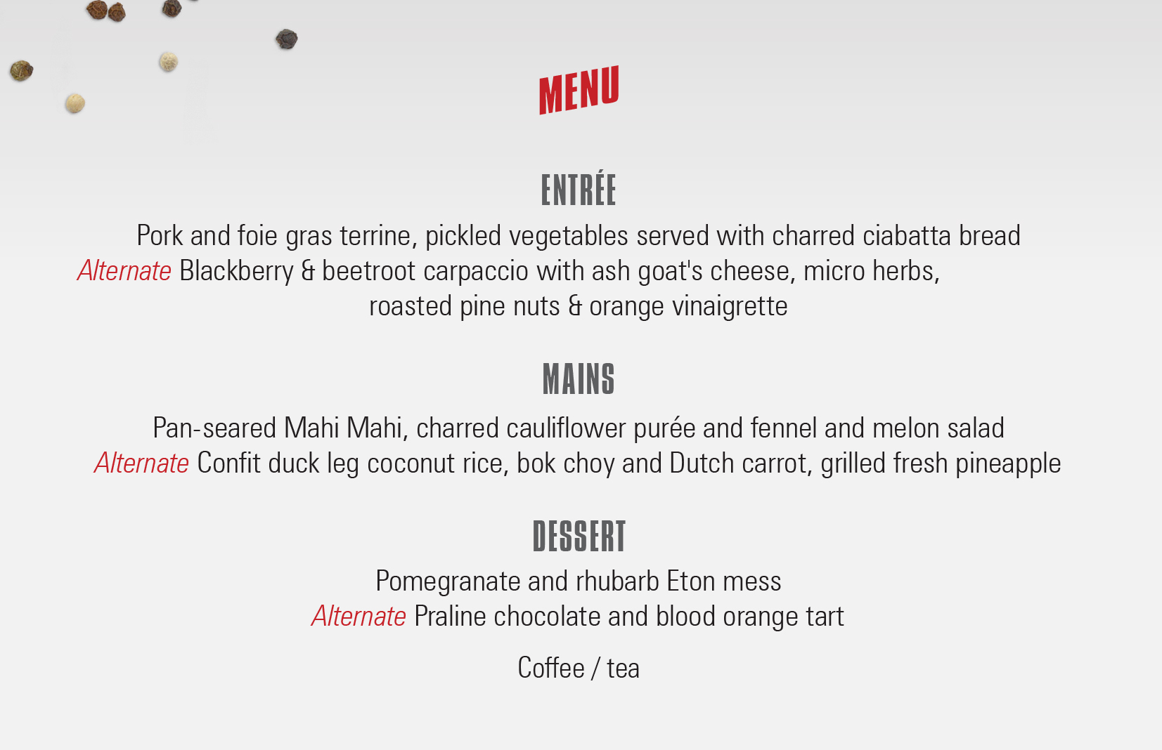 Perfect Plate Awards Menu