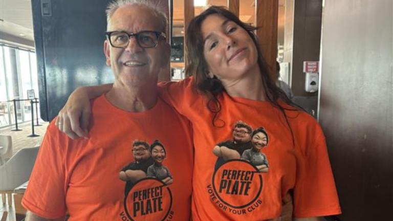 two people wearing perfect plate t shirts